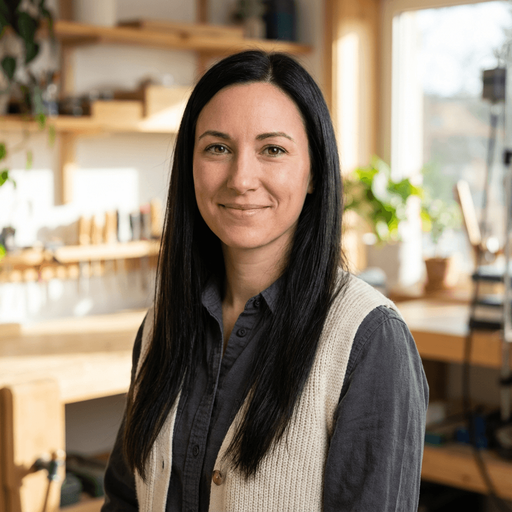 Camille Tremblay souriant dans sa cuisine moderne