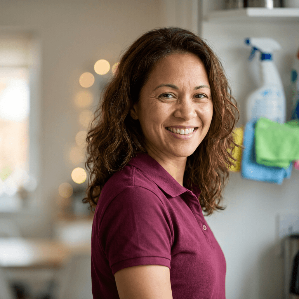 Sophie G. souriante dans une salle de bain propre
