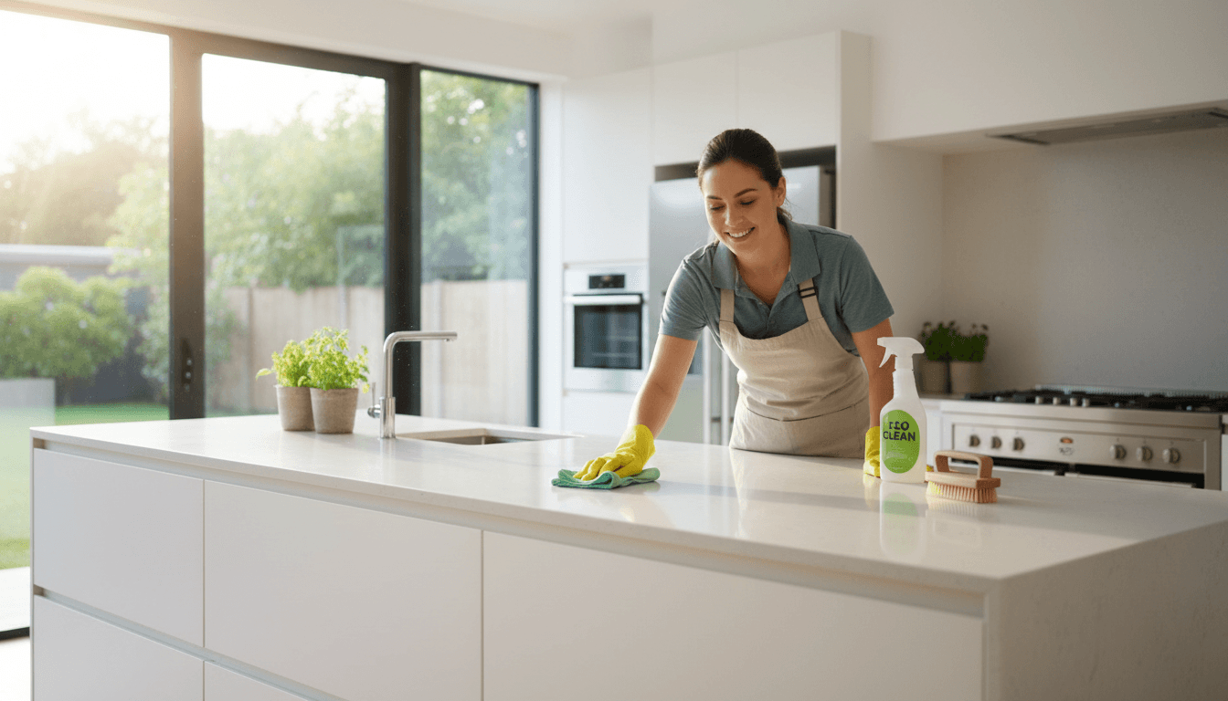 Professional cleaner wiping kitchen counter in bright modern home with eco-friendly products