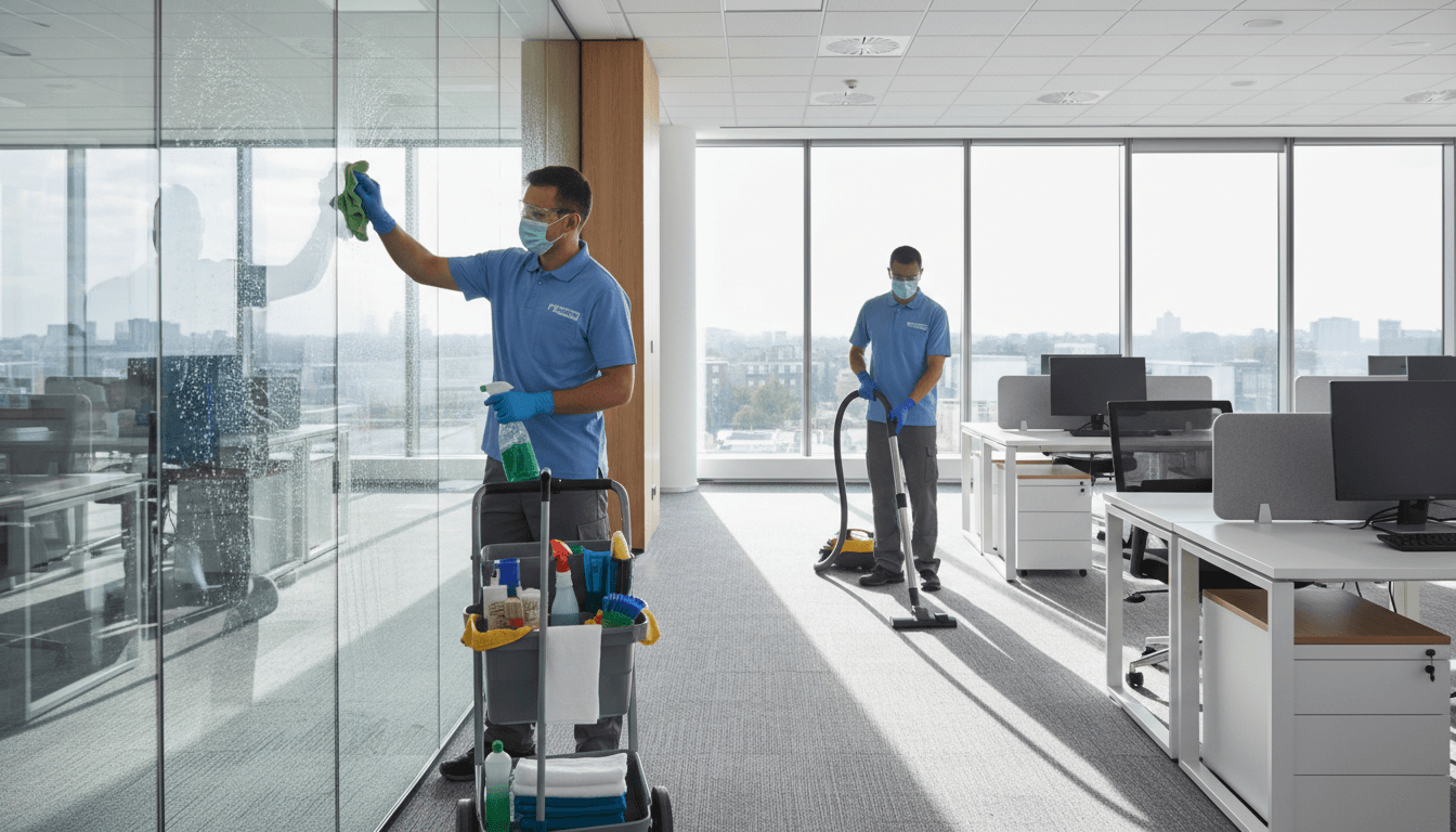 Professional cleaning team in bright office space with eco friendly equipment and smiling faces