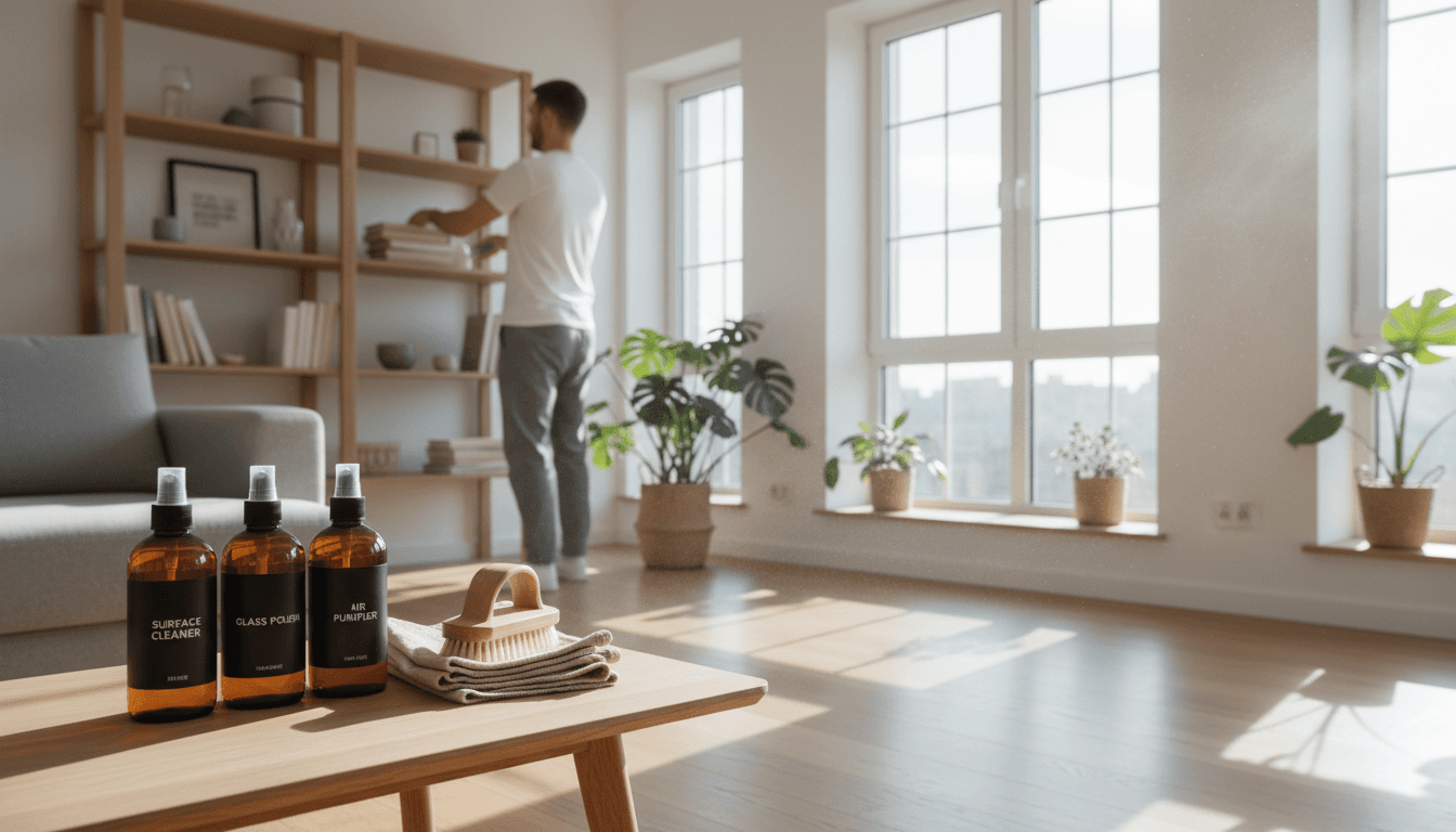 Professionnel du nettoyage utilisant des produits écologiques dans un salon moderne