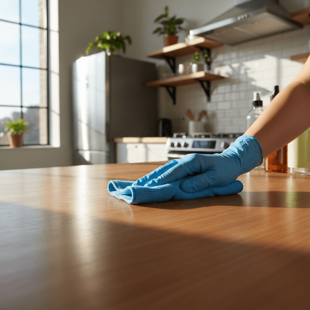 Professional cleaner in bright modern kitchen with natural light cleaning countertop