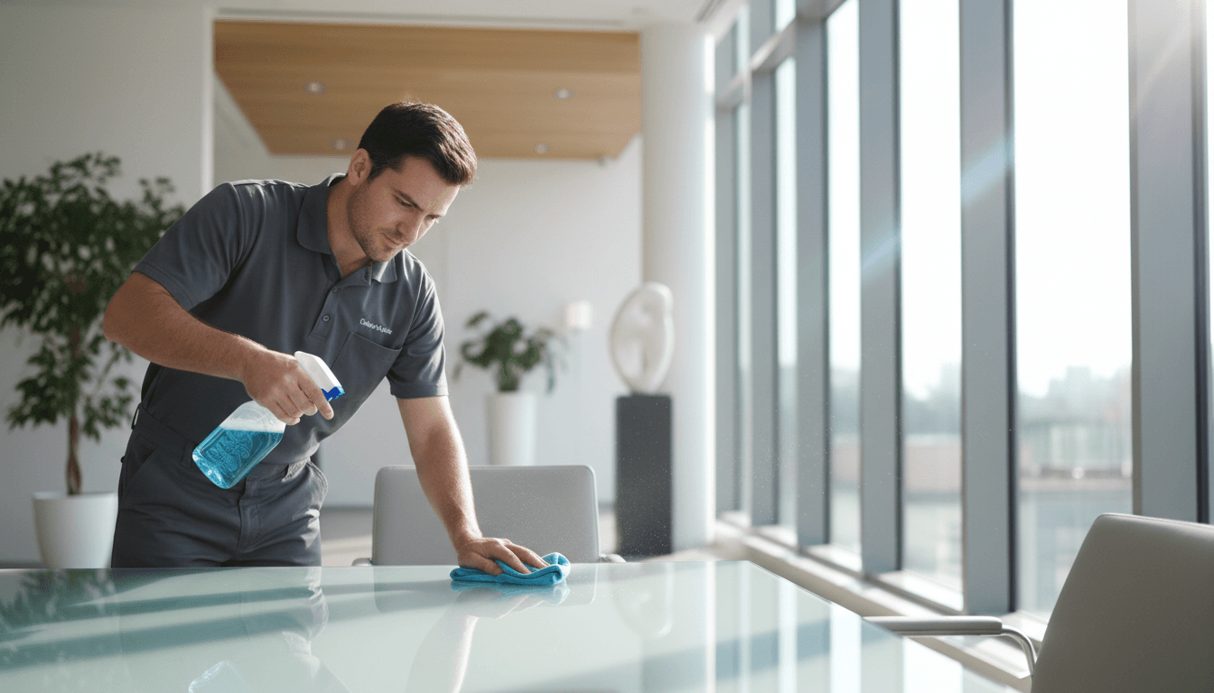 Professional cleaner holding spray bottle and microfiber cloth in bright modern home