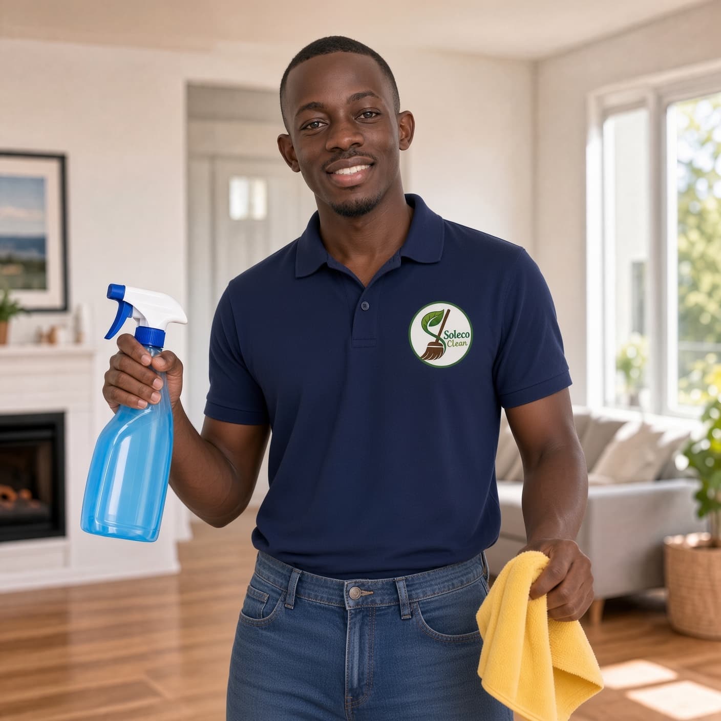Homme souriant en polo bleu tenant un vaporisateur et un chiffon dans un salon.